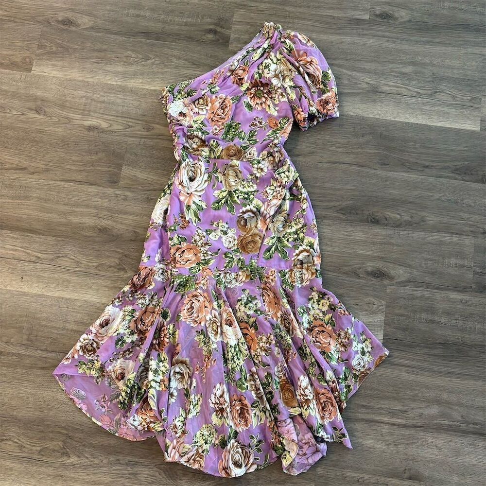 ASTR The Label Women's S Santorini Floral One Shoulder Midi Dress Purple